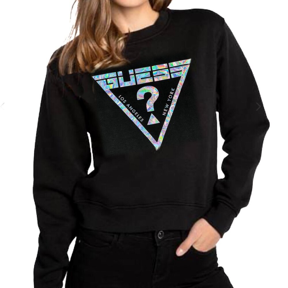 Guess Iridescent Triangle Logo Black Laila Fleece Sweatshirt Size M - NWOT